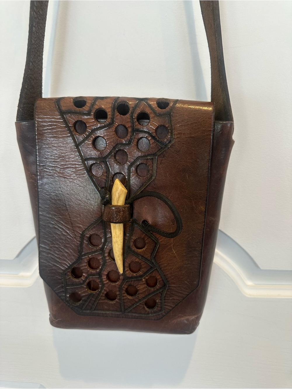 Handcrafted Brown Leather Crossbody Bag with Bone Toggle